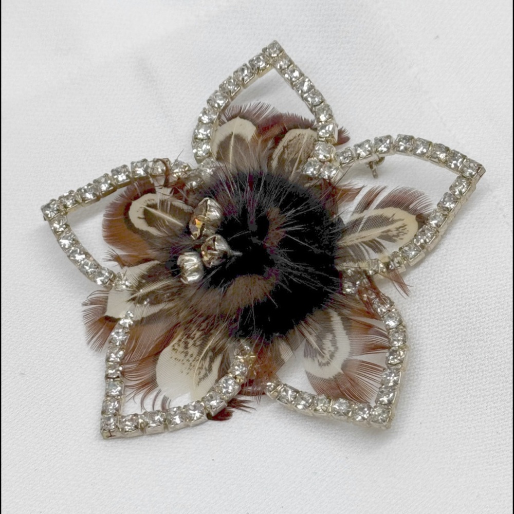 Large Rhinestone and Mink Brooch Pin 3” Feathers Vintage 1950s